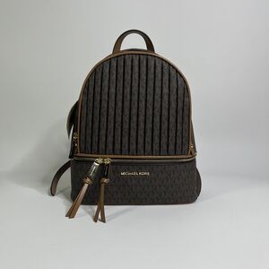 Michael Kors Rhea Medium Pleated Logo Backpack Brown Acorn NWT